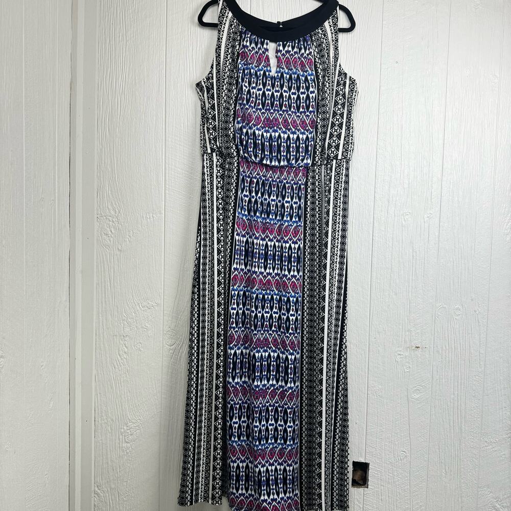 London Times Plus Black Blue Pink Abstract Jersey Stretch Maxi Dress Sz18W Artsy - Picture 2 of 13